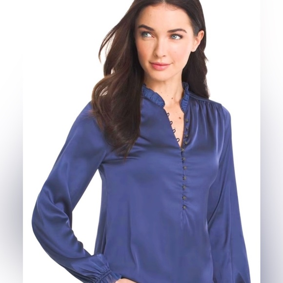 White House Black Market Tops - White House Black Market Blueprint Satin Blouse Blue Buttonfront Sz 12 NWT